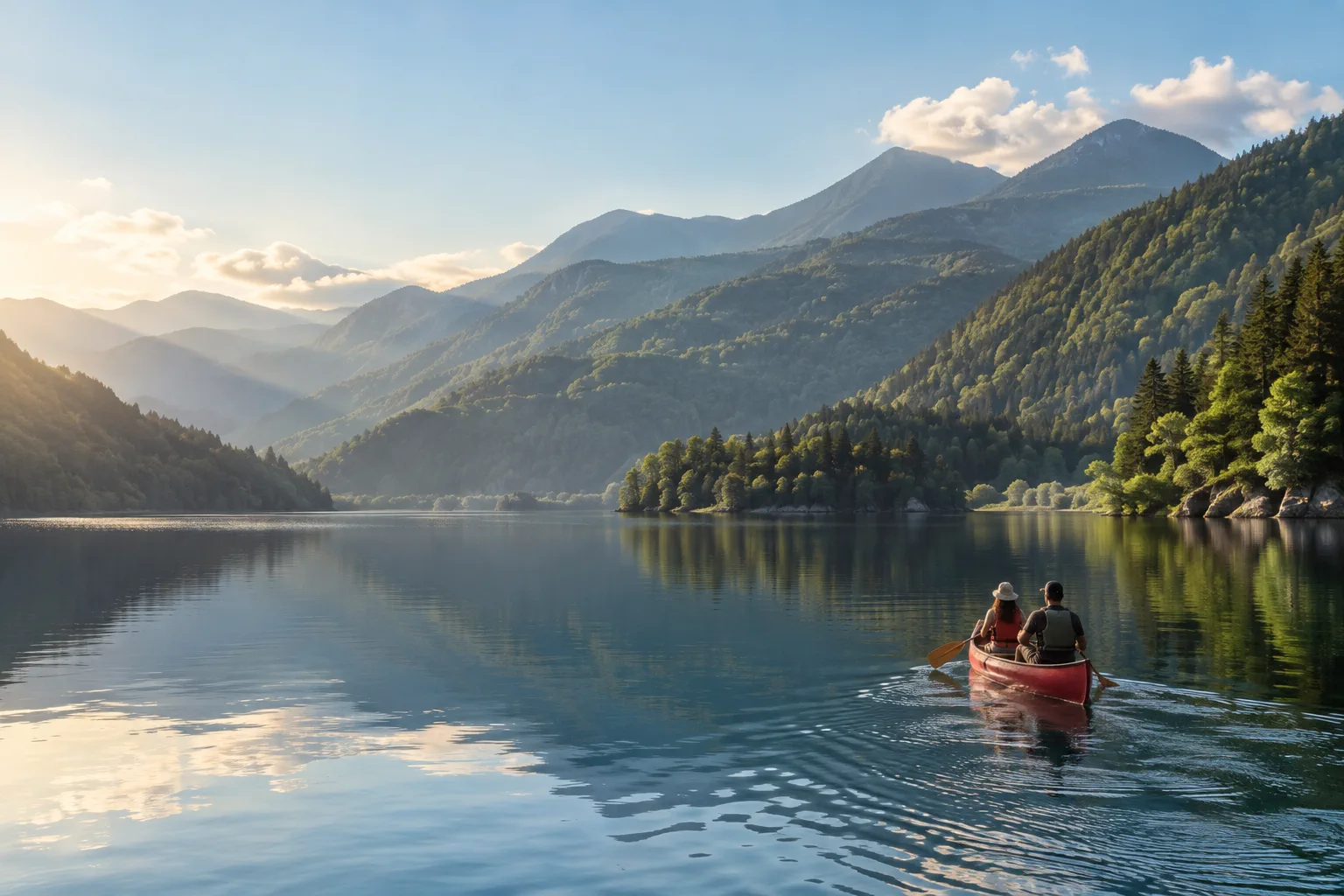 People enjoying a canoe on a lake surrounded by mountains