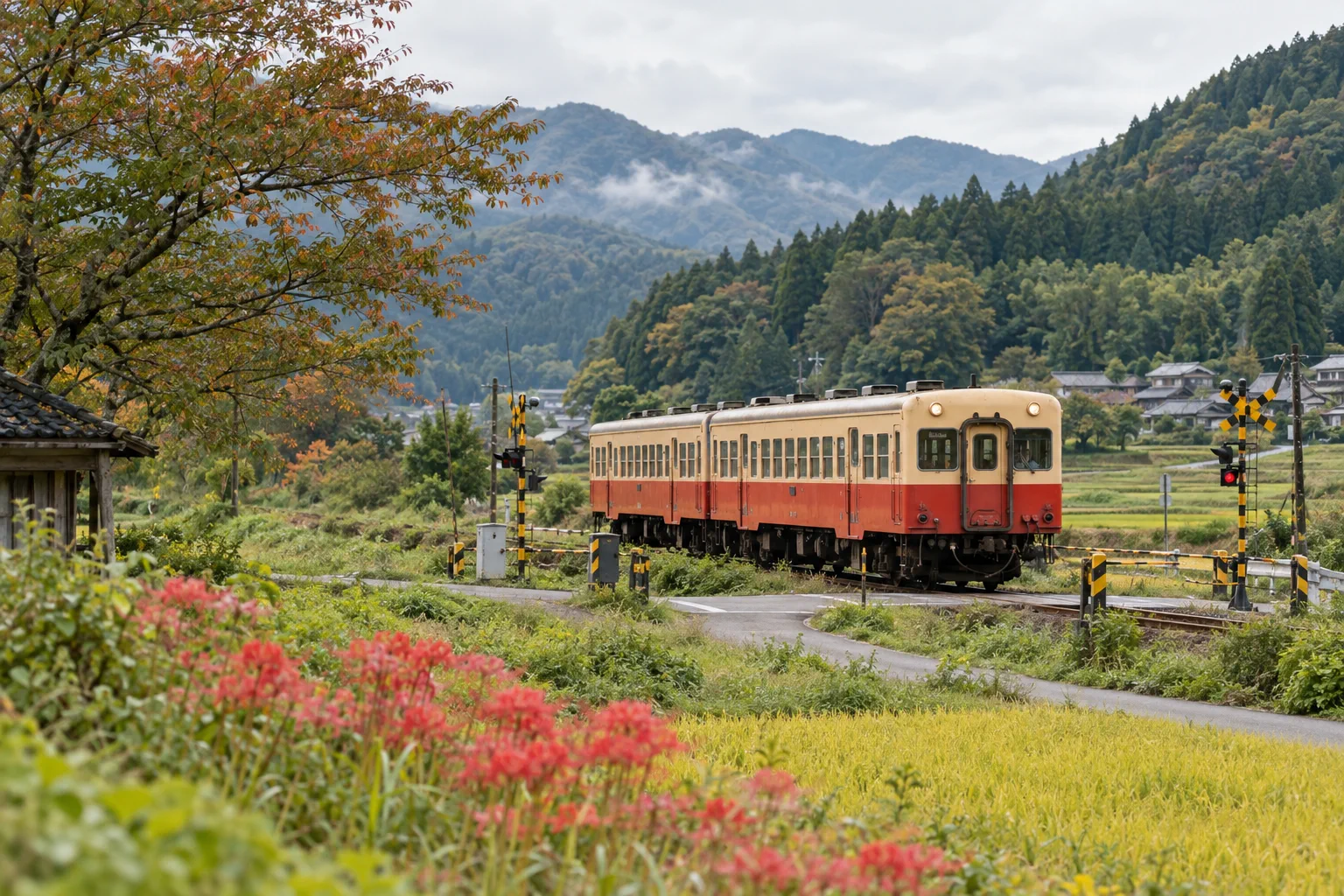 A local train winding through green mountains